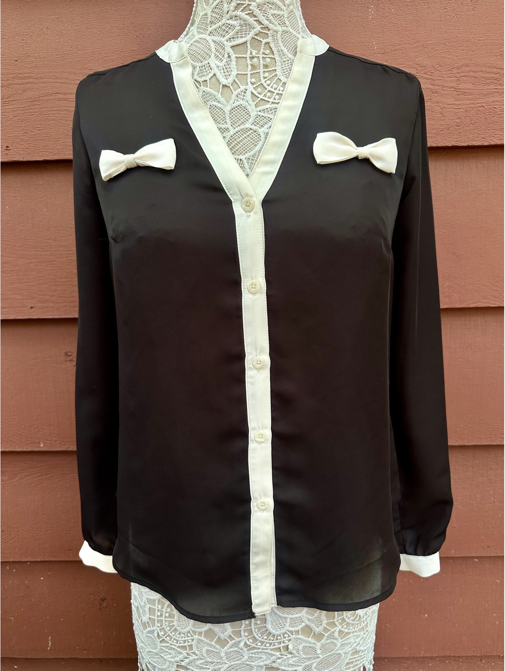 LC Lauren Conrad Black and White Chiffon Blouse with Bow Accents Feminine